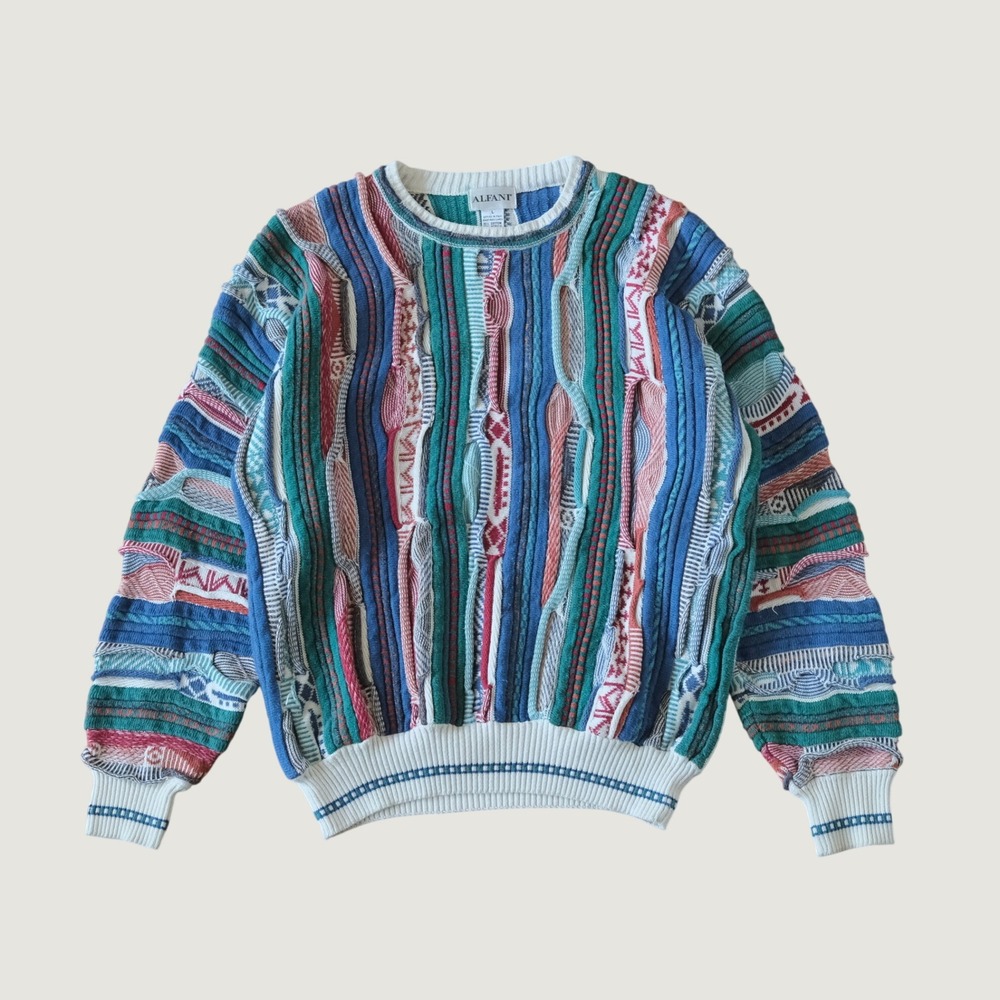 Alfani Sweater Men Blue Multicolor 3D Textured Knit Vintage Aesthetic Large Prep